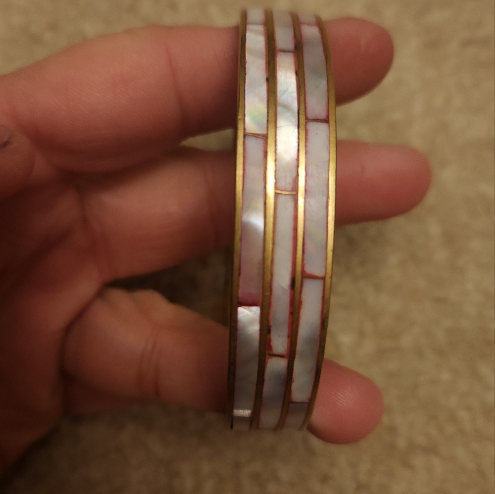 Vintage Brass Abalone Mother Of Pearl Bangle Braclet